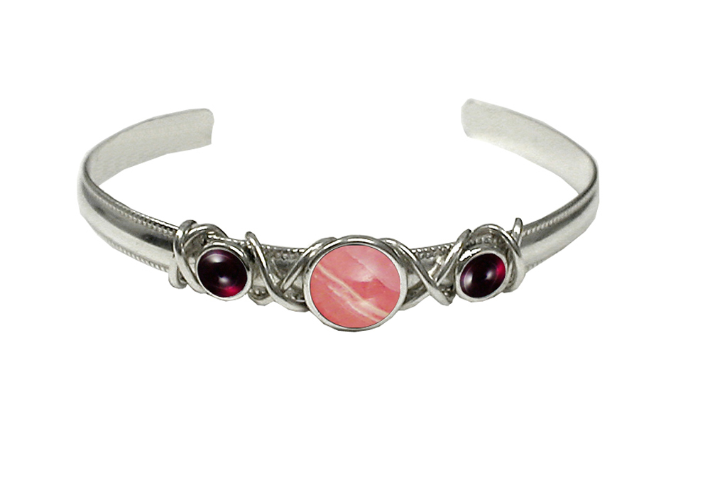 Sterling Silver Hand Made Cuff Bracelet With Rhodocrosite And Garnet